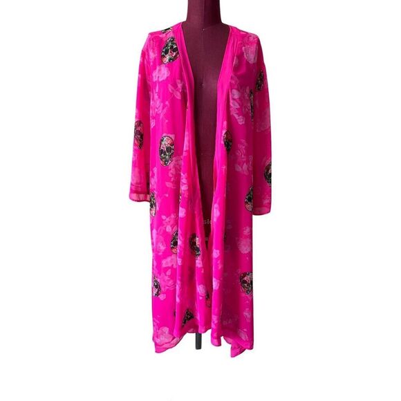 Torrid Swim Cover Up Chiffon Kimono Skulls Pink Plus Size - Picture 3 of 8